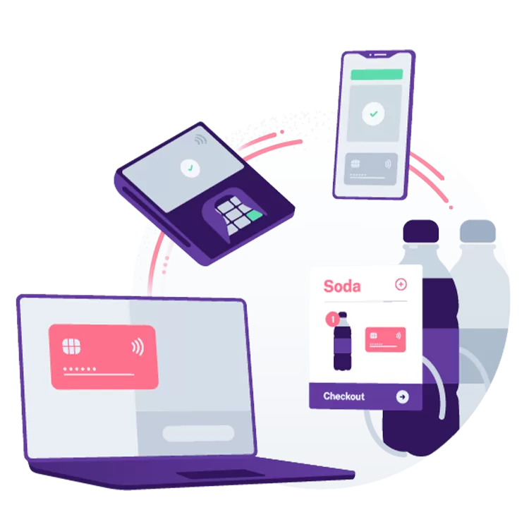 Purple laptop, card scanner and smartphone revolving around an online purchase.