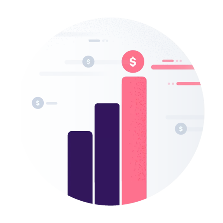 Red and purple bar graph with dollar sign icon.