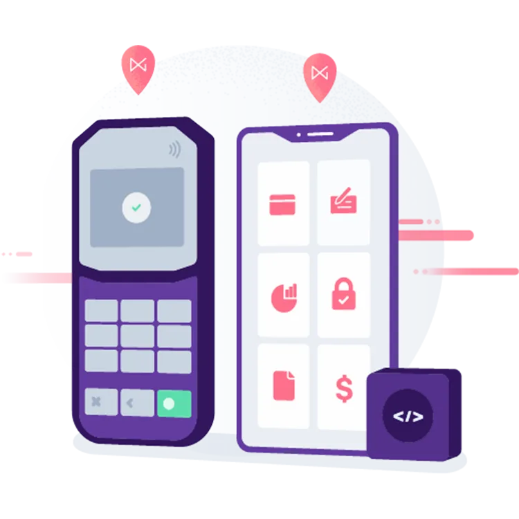 A purple card reader and smartphone attached to a small payment device showing the versitility of NMI payment gateway.