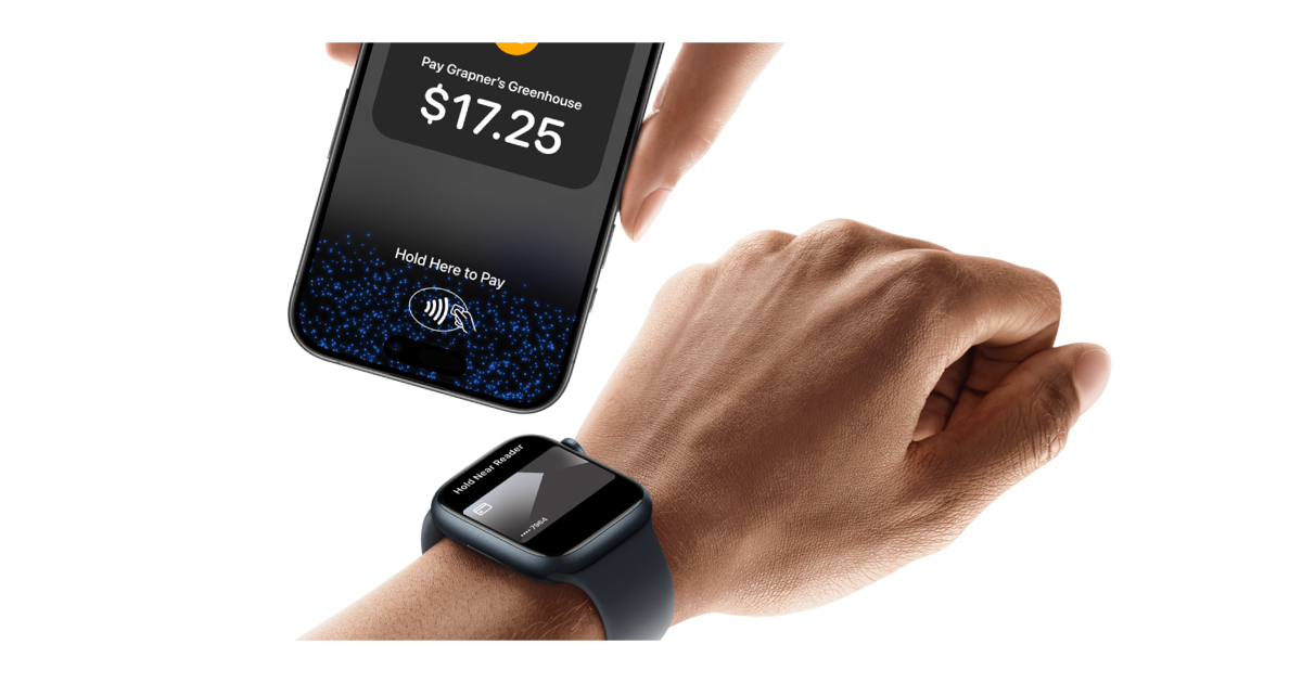 A person takes payment from an Apple Watch using an Apple phone. The phone displays the amount of $17.50