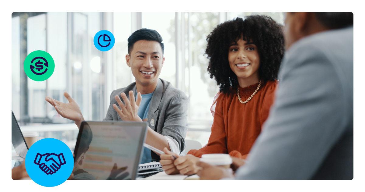 Image of a group of people talking about how the reseller model works in the payments industry.