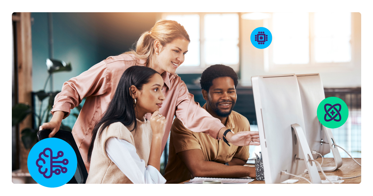 Image of payments company employees discussing how to use AI and build an AI-first product org