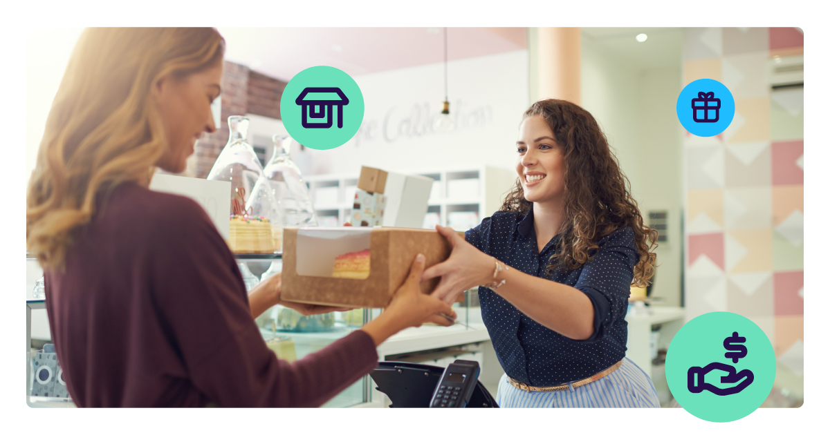 A bakery employee hands a boxed cake to a smiling customer, representing positive in-store shopping experiences. NMI article highlights retail, gifting and payment themes.