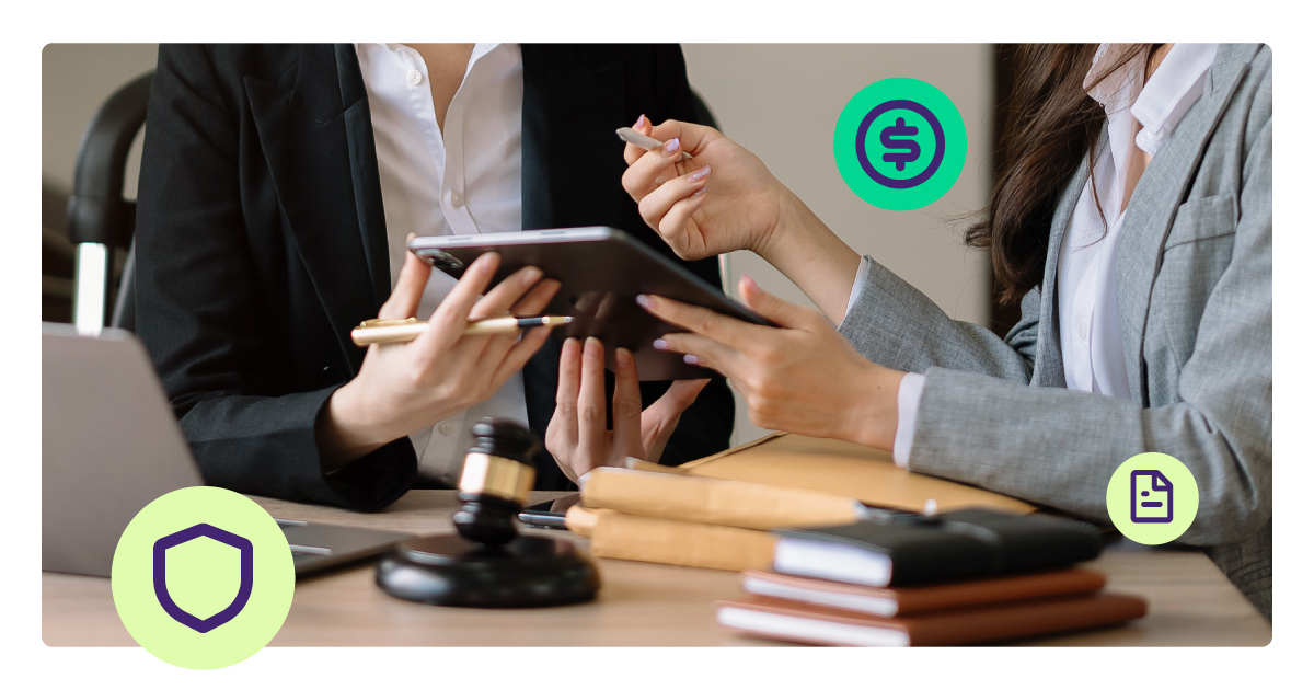 Two business professionals reviewing information on a tablet in an office setting, surrounded by legal and financial icons, representing Visa VAMP fraud and compliance guidance