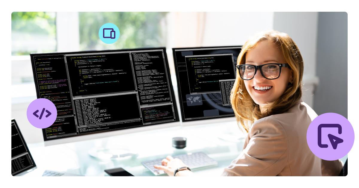 Smiling female developer testing embedded payments in a sandbox environment on dual monitors with coding interfaces, ideal for SaaS platforms.