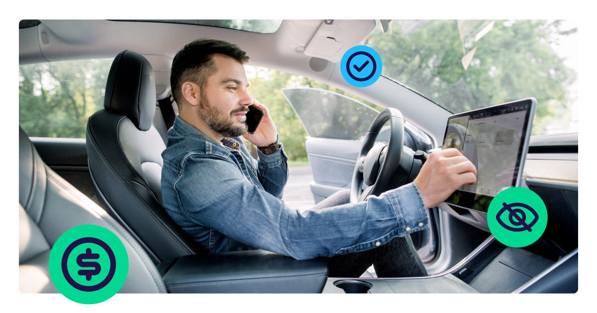 Man using in-car touchscreen interface while talking on the phone, illustrating NMI's prediction of the rise of connected vehicle technology and invisible payments in 2026.