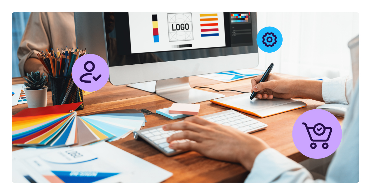 Person designing a logo and brand elements on a computer, representing white-labeling opportunities for SaaS payment platforms.