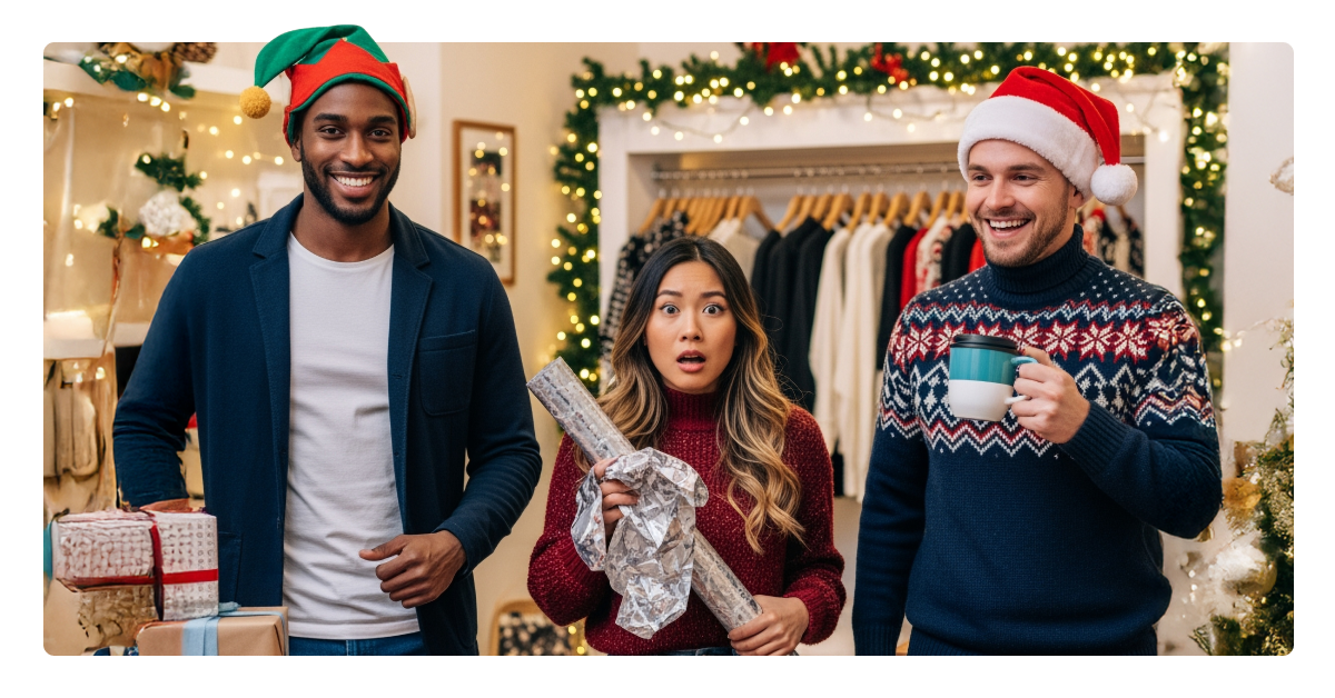 Millennial shoppers reacting to holiday gift costs in a festive store, reflecting NMI research showing tighter budgets, long checkout lines, and willingness to pay more for convenience.