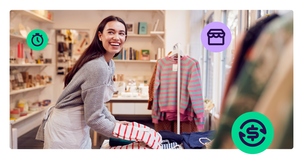 Small retail merchant organizing products in a boutique store, representing how embedded lending helps merchants access capital through the platforms they use.