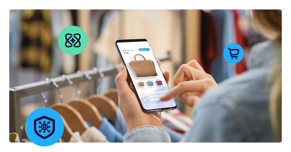 Shopper using a mobile phone to browse products in a retail store, representing digital commerce, tokenized payments, and the future of seamless checkout experiences.