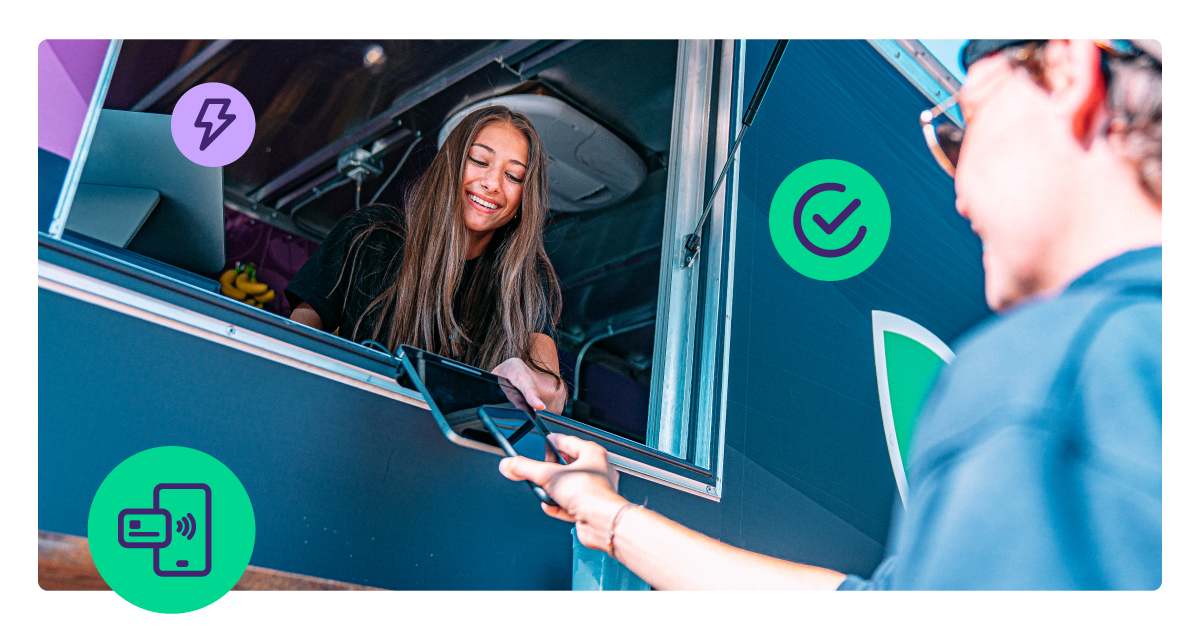 Customer using tap to pay at a mobile checkout station, demonstrating how mobile payments and queue-busting technology speed up in-store holiday shopping.