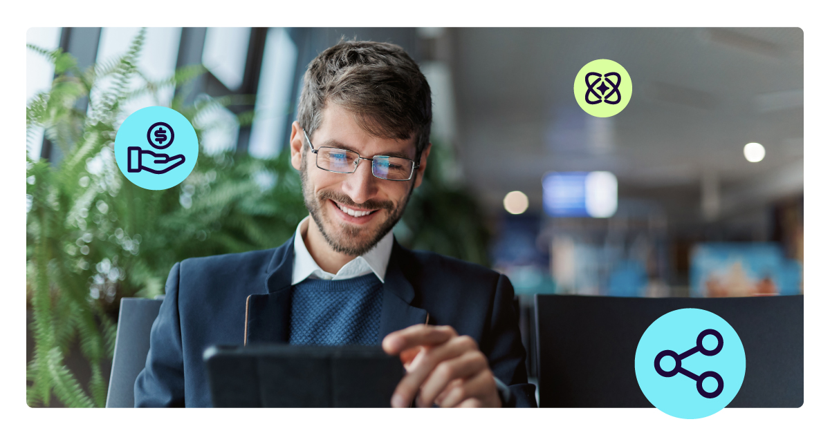 Business professional using a tablet with embedded finance icons overlaid, representing how SaaS platforms deliver payments, lending, insurance and AI-driven financial services directly in-platform.