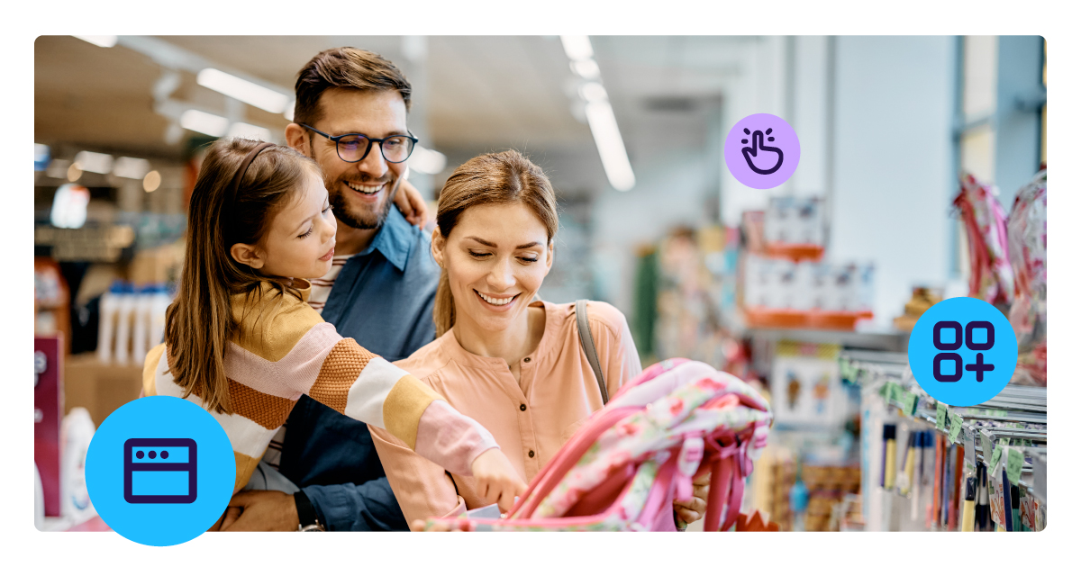 Millennial Parents holding a child in their arms as they shop in a store