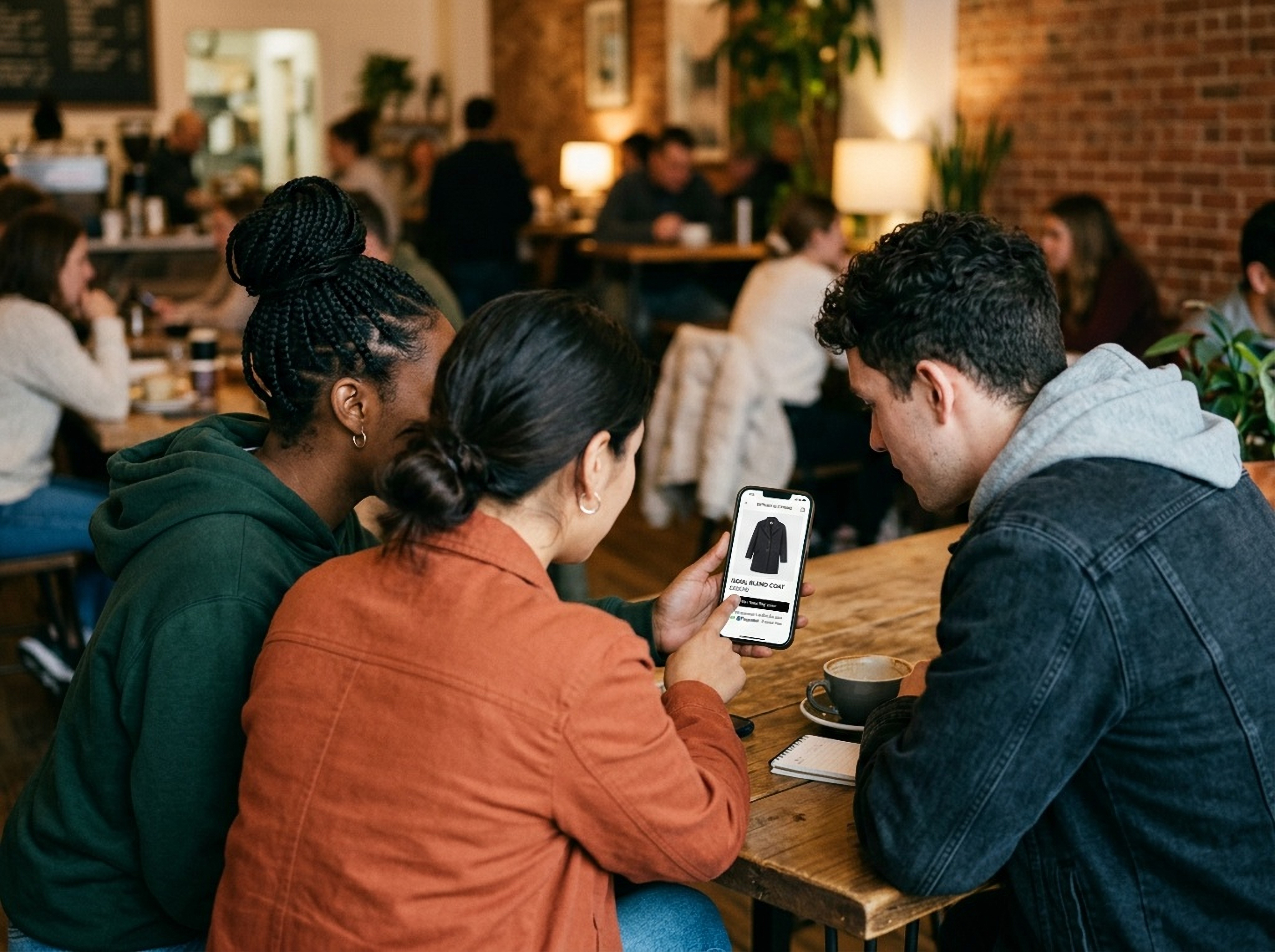Three people in a café viewing a smartphone with an online shopping checkout, representing frictionless digital payments.