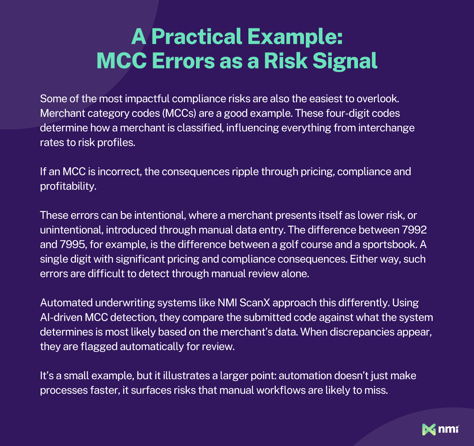 Graphic explaining how incorrect merchant category codes (MCCs) create compliance and pricing risks, highlighting the role of automated underwriting in detecting errors.