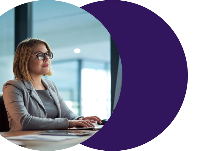 image (reusable electronic applications) Woman with glasses reviewing reusable electronic merchant processing applications configured inside NMI Merchant Central's boarding platform.