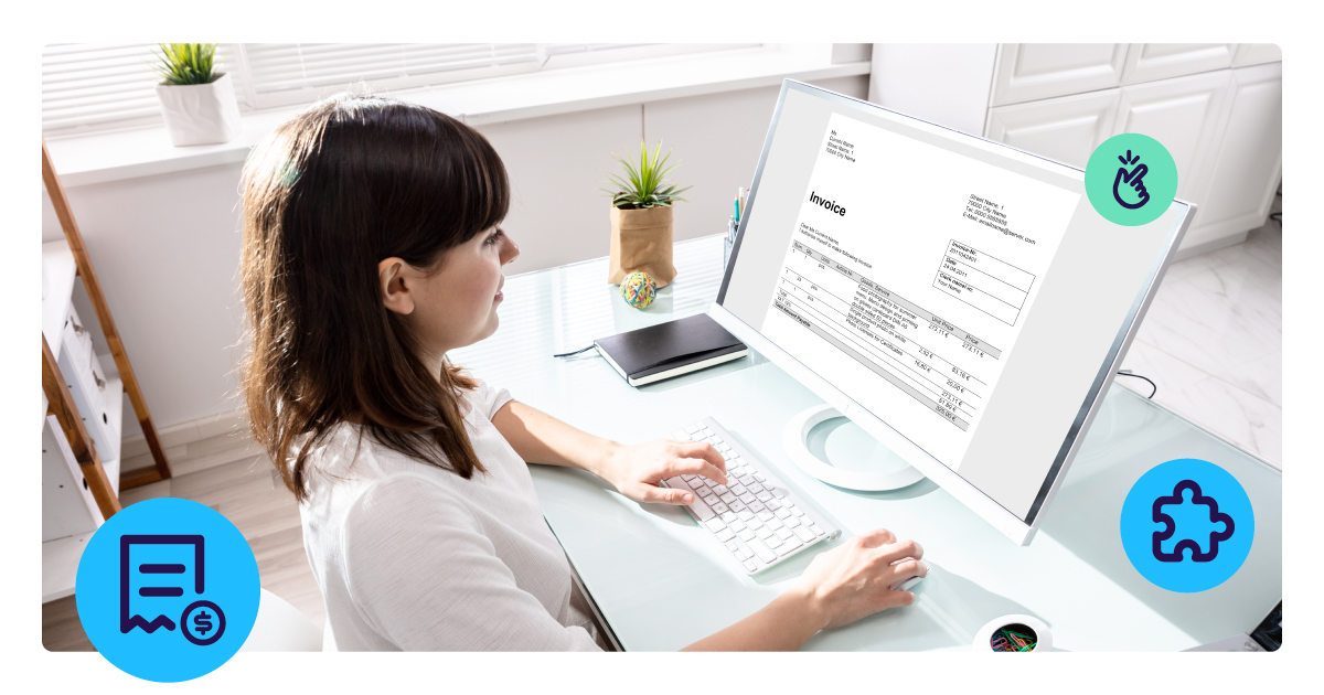 A woman sits at a desktop computer reviewing a digital invoice, representing the invoicing and billing challenges that service-based merchants face every day.