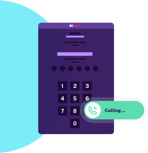 Merchant Central built-in power dialer interface showing a calling screen with keypad and active call status, illustrating the embedded dialer experience for ISO sales reps.