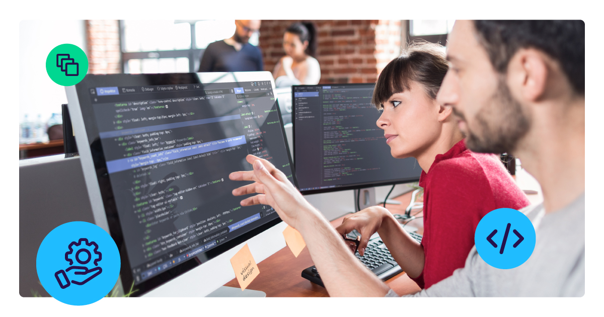 Two software developers collaborate at a desk reviewing code across multiple monitors in a modern open-plan office, with NMI icons representing modular components, managed services and developer tools overlaid on the image.