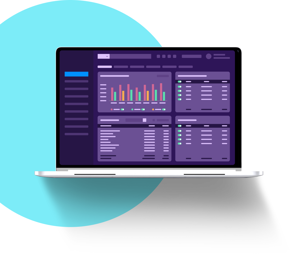 Merchant Central reporting platform shown on a laptop screen displaying a multi-panel dashboard with bar charts, data tables and portfolio analytics designed for ISOs and payment facilitators managing large merchant portfolios.