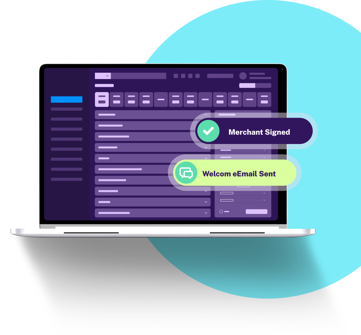 Six-step visual showing the Merchant Central merchant onboarding process from merchant clicks sign-up, through branded web form, digital agreements and eSignature, automated data processing and underwriting and approval, to merchant activation and payment acceptance.
