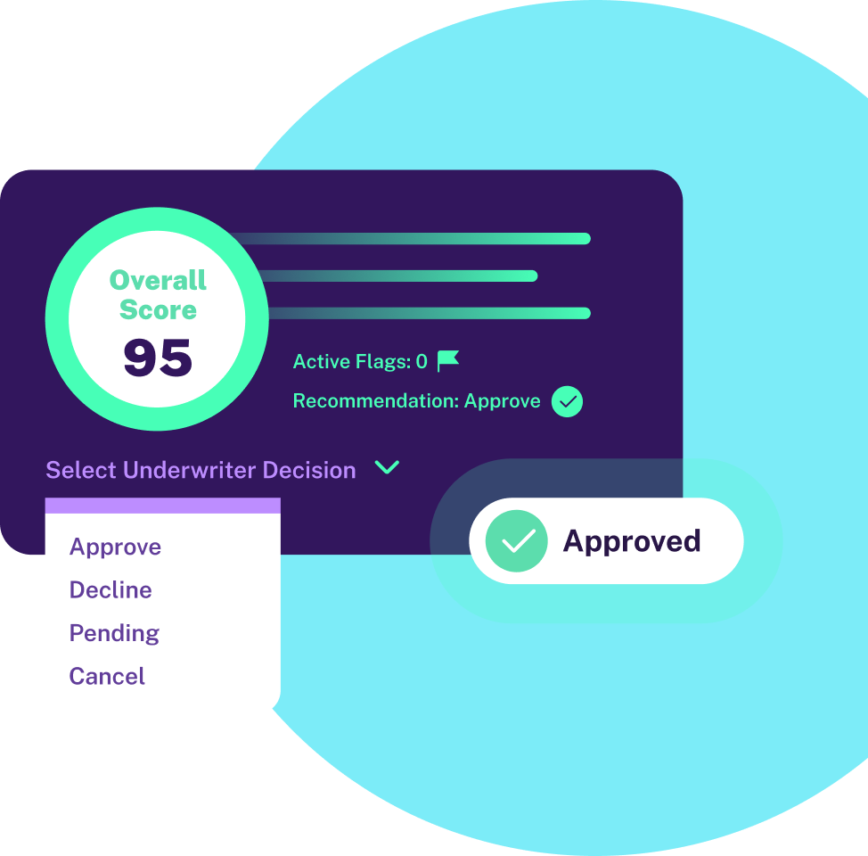 image (better insights, better underwriting) Merchant Central ScanX scorecard insights interface showing an overall risk score of 95 with zero active flags, a recommendation to approve and an underwriter decision dropdown with options to approve, decline, mark as pending or cancel.