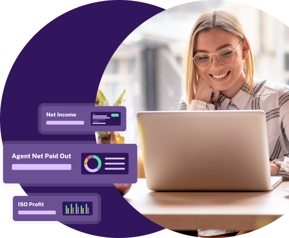 Smiling payments professional reviewing automated financial reports on a laptop, with Merchant Central UI cards showing net income, agent net paid out and ISO profit data overlaid on the image.