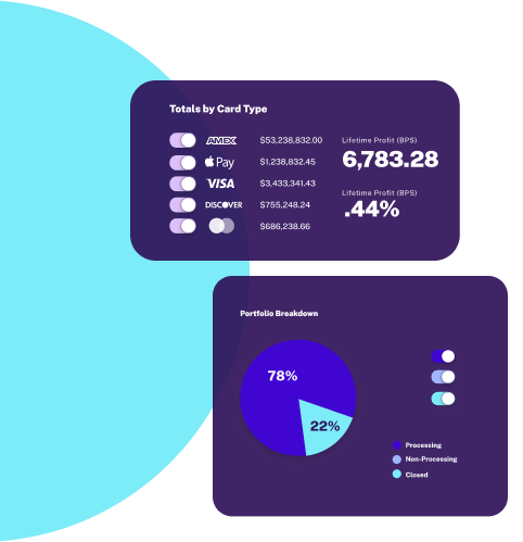 Merchant Central portfolio reporting interface showing totals by card type including Amex, Apple Pay, Visa and Discover with lifetime profit data, alongside a portfolio breakdown pie chart showing 78% processing and 22% non-processing and closed accounts.