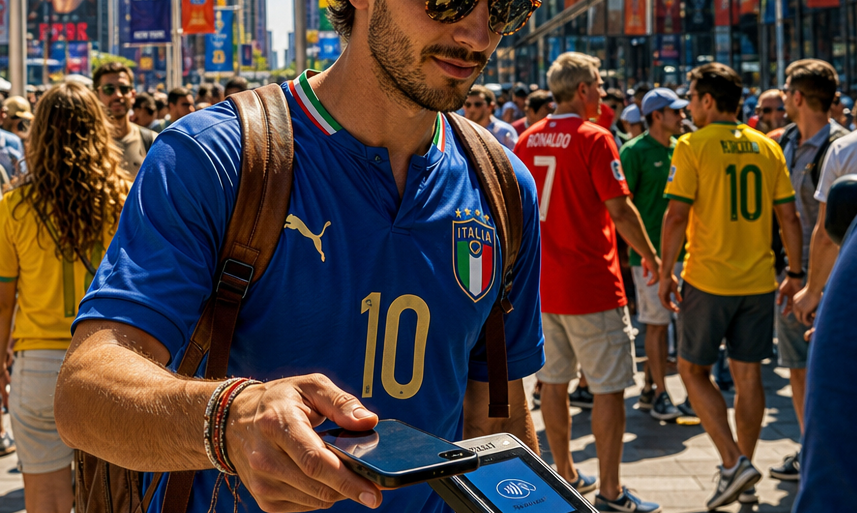 An international soccer fan wearing an Italy jersey taps his phone to a payment terminal in a busy outdoor crowd during the FIFA World Cup 2026, surrounded by fans in various national team jerseys.
