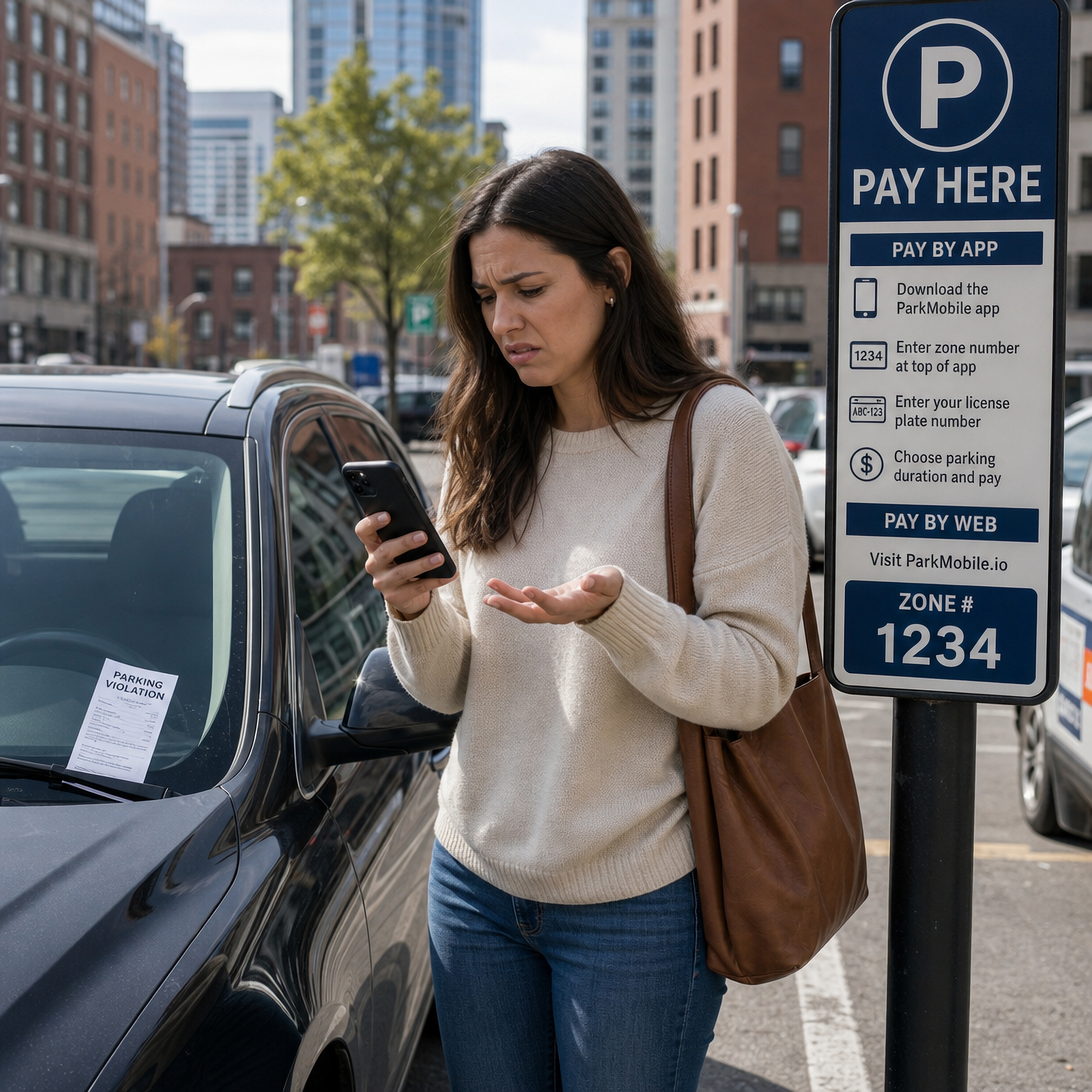 A woman stands next to her car looking frustrated while holding her phone, with a parking violation ticket visible on her windshield and a pay-by-app parking sign beside her.