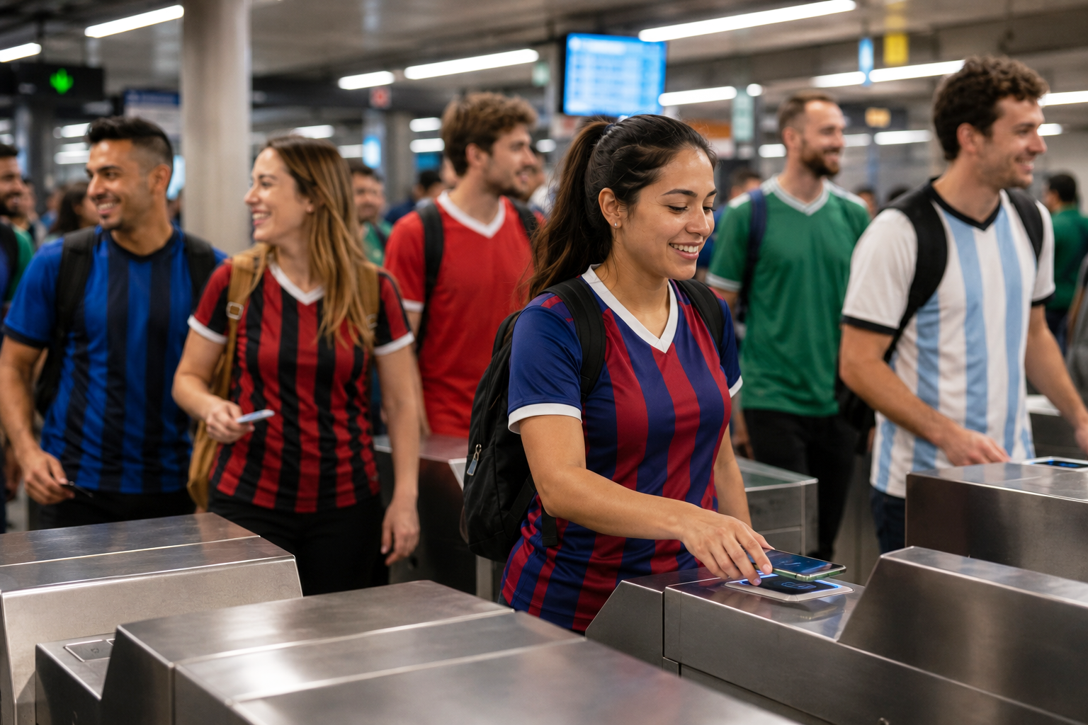 A diverse group of soccer fans in team jerseys pass through transit fare gates using contactless payment cards and mobile wallets at a busy train station, highlighting the importance of fast, convenient transit payments for visitors attending major international sporting events.
