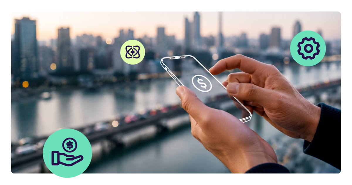 Hands hold a transparent smartphone displaying a glowing dollar-sign icon, with a blurred city skyline and bridge at dusk in the background.