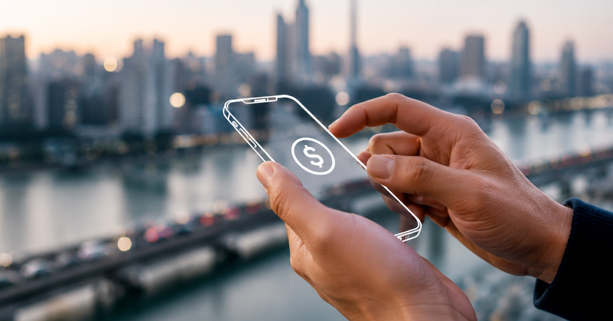 Hands hold a transparent smartphone displaying a glowing dollar-sign icon, with a blurred city skyline and bridge at dusk in the background.