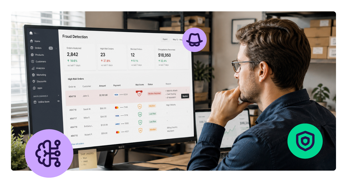 A merchant reviews an AI fraud detection dashboard on his monitor, showing orders analyzed, high-risk transactions and chargebacks prevented.