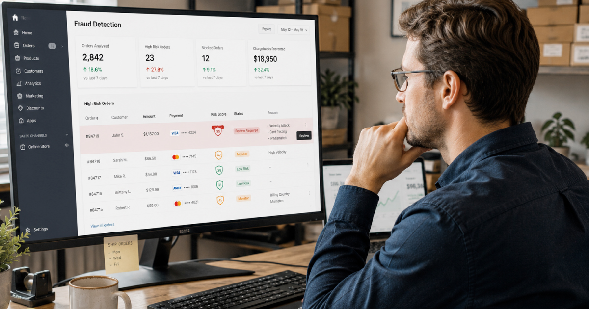 A merchant reviews an AI fraud detection dashboard on his monitor, showing orders analyzed, high-risk transactions and chargebacks prevented.