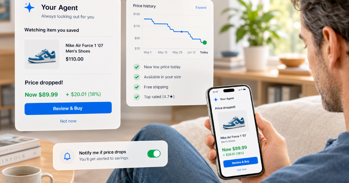 AI agents are progressing. A consumer is informed in a drop of price of his desired shoes and selects to purchase.,