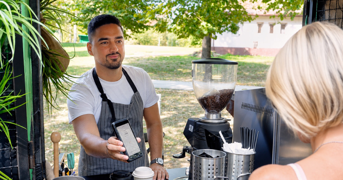 A barista in an apron holds out an Android smart POS device for a customer to tap her card at an outdoor coffee stand.