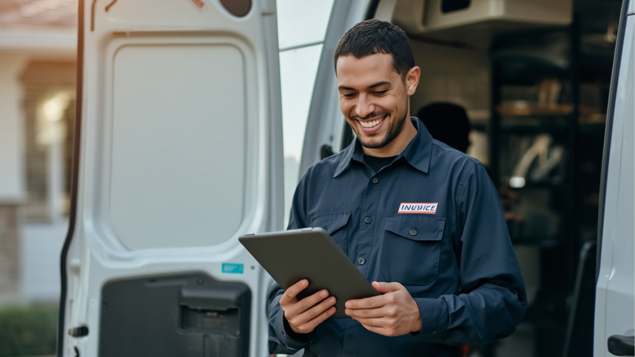 A smiling field service technician in a work uniform stands beside his van, using a tablet to invoice a completed job.
