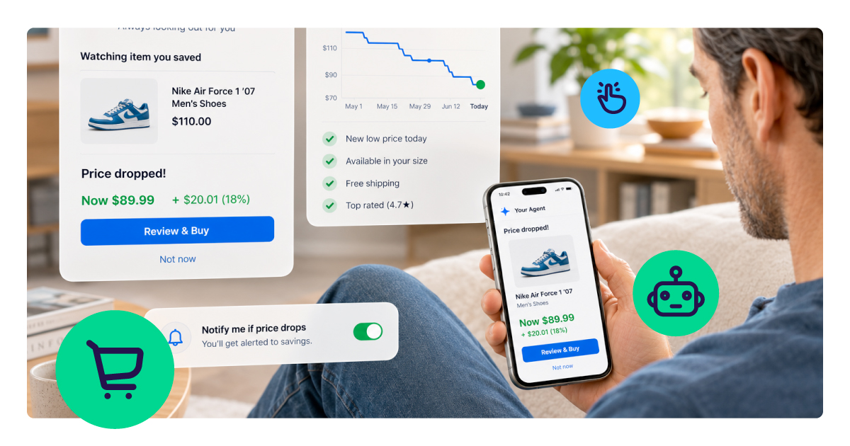 A shopper reviews an AI agent's price-drop alert on his phone, showing discounted shoes with the option to review and buy or dismiss