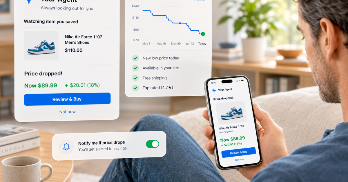 A shopper reviews an AI agent's price-drop alert on his phone, showing discounted shoes with the option to review and buy or dismiss