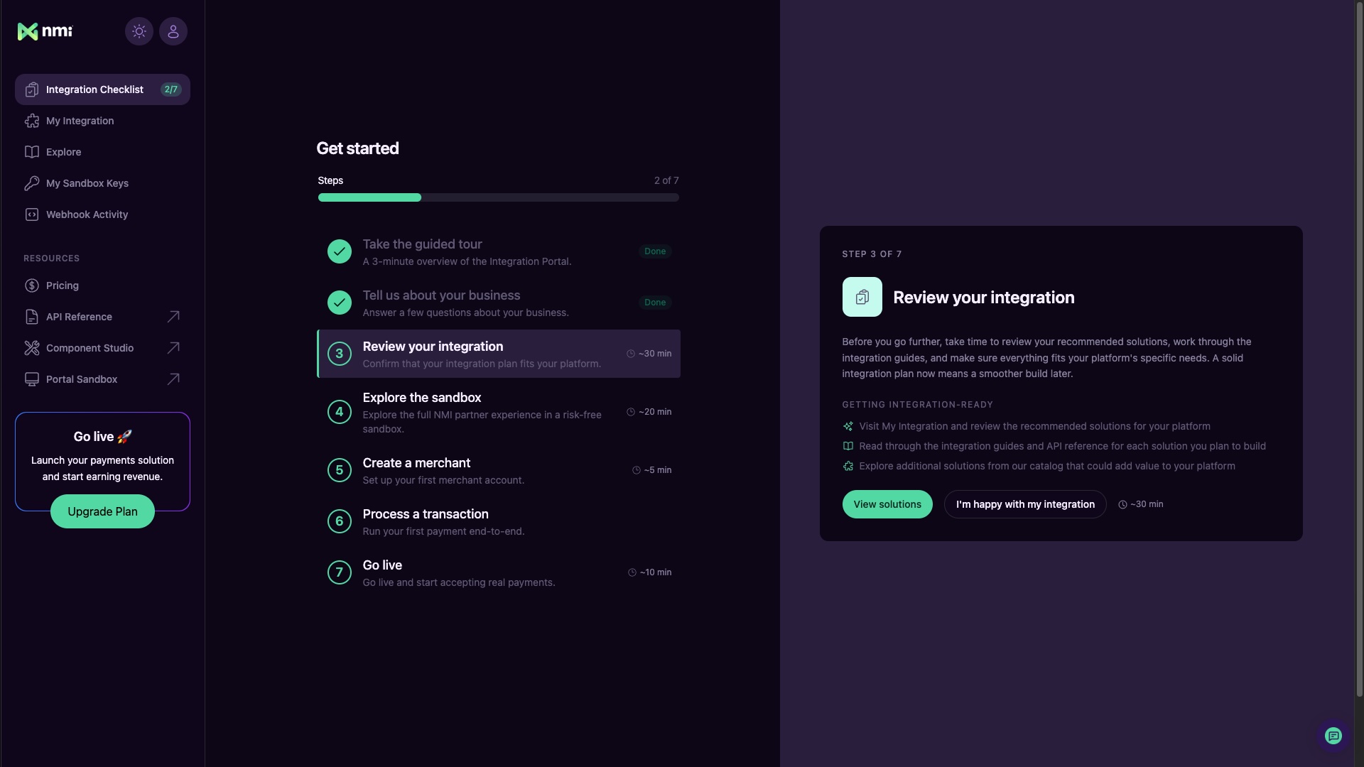 NMI Integration Portal showing the guided integration checklist, recommended solutions and steps to build and launch an embedded payments integration.