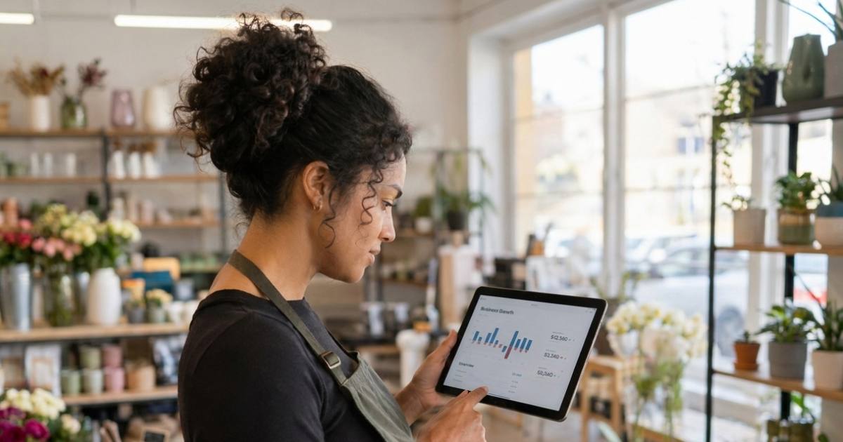 Female business owner reviewing financial metrics and growth charts on a tablet in her modern small business office space, with natural light streaming through windows