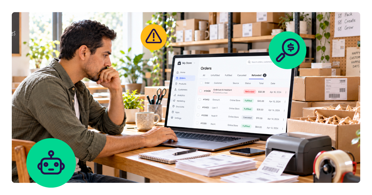 A concerned man sits at a desk in a warehouse office, looking at his laptop screen displaying an order management system with several refunded and cancelled orders.