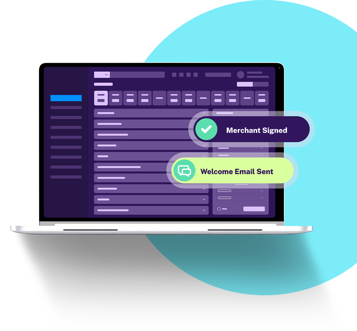 Six-step visual showing the Merchant Central merchant onboarding process from merchant clicks sign-up, through branded web form, digital agreements and eSignature, automated data processing and underwriting and approval, to merchant activation and payment acceptance.
