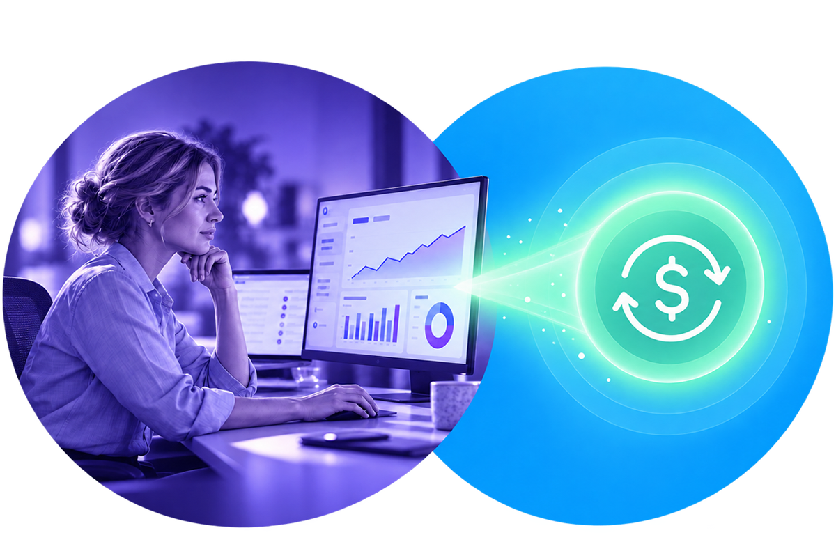 Software product leader reviewing a payments dashboard, connected to a revenue icon showing a dollar sign inside circular arrows