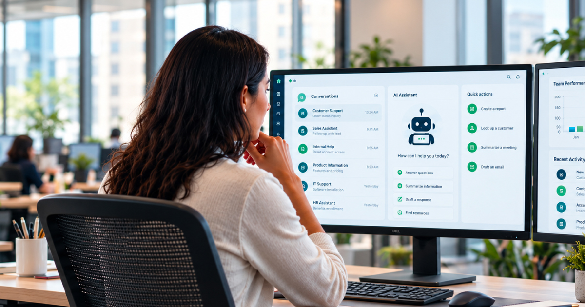 Professional at an office desk reviewing an AI assistant dashboard on a monitor, representing agentic commerce