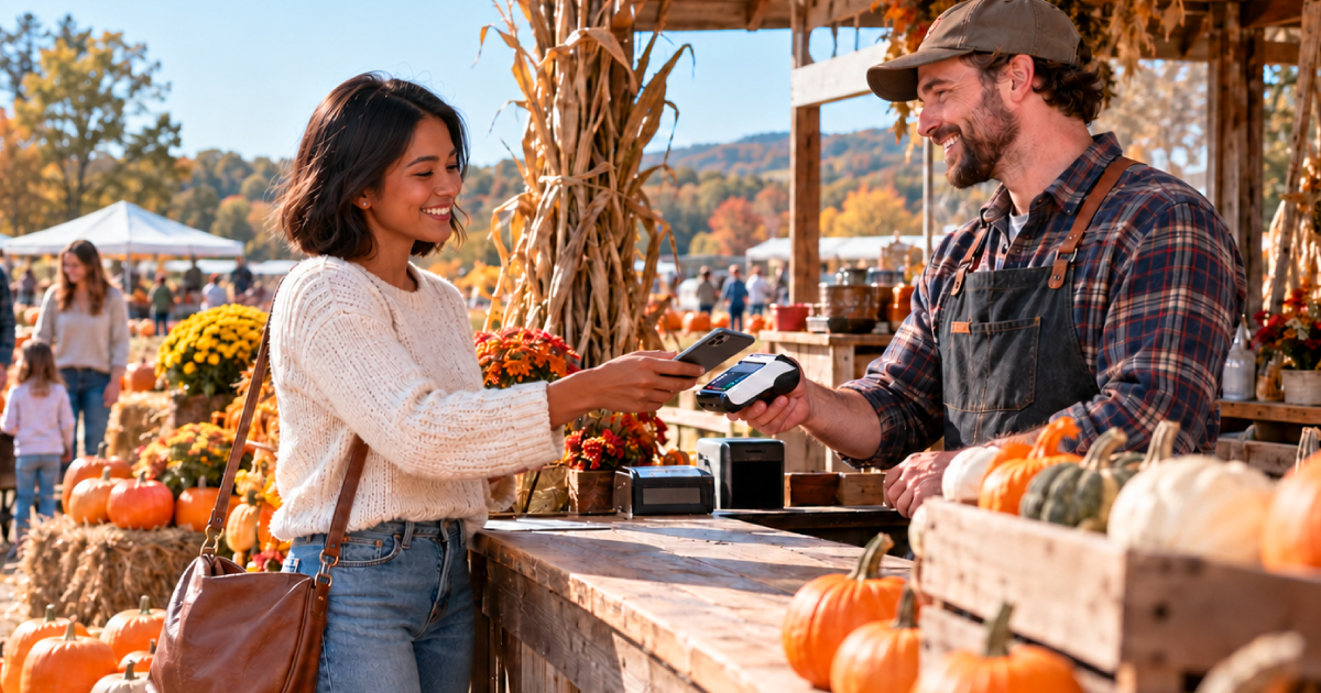 A customer taps her smartphone on a handheld payment terminal held by a smiling vendor at an outdoor pumpkin patch stand.