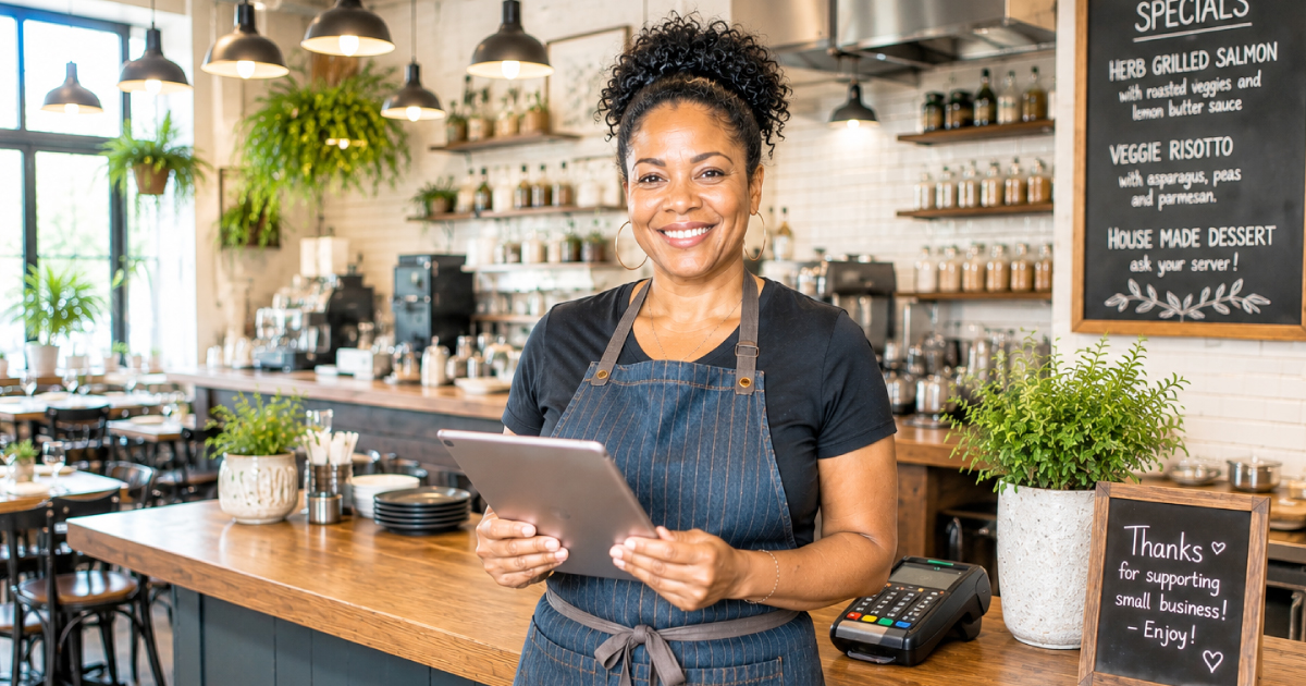Smiling restaurant owner in a denim apron holds a tablet behind the counter of her café, a card terminal beside her.