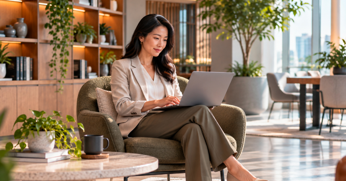 Businesswoman working on a laptop in a bright modern office lounge with plants and floor-to-ceiling windows