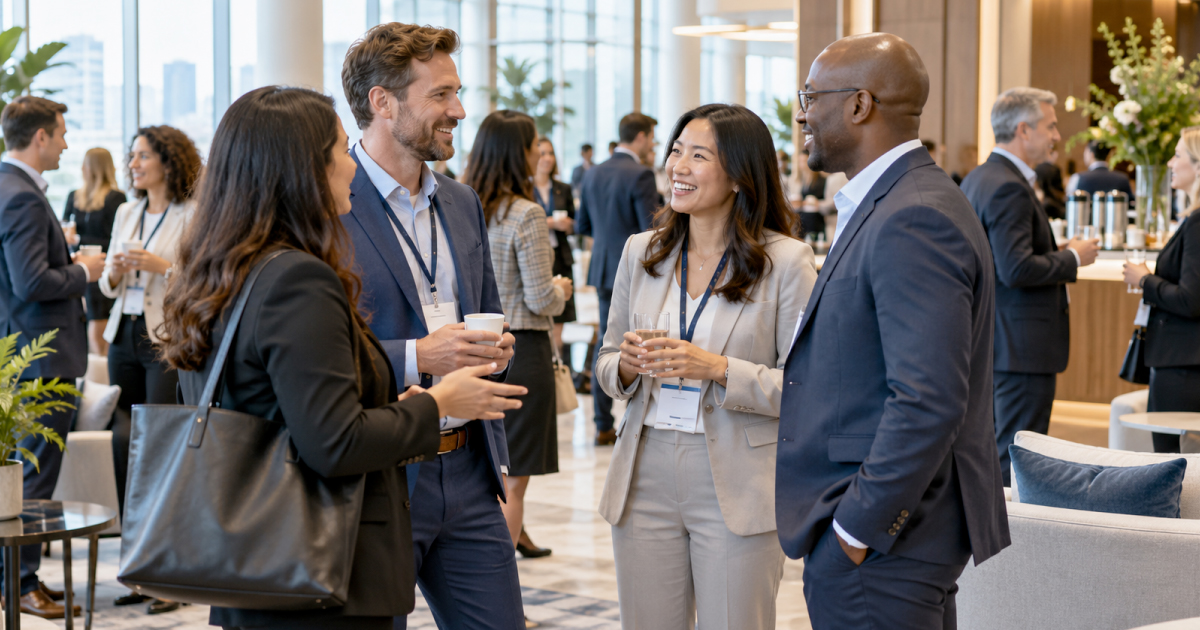 Conference attendees wearing lanyards talk in small groups over coffee in a bright venue lobby.